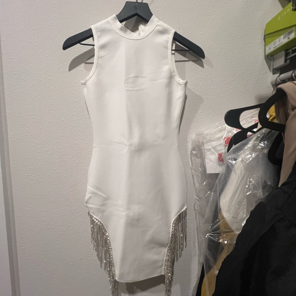 House of CB White Mini Dress with Silver Fringe